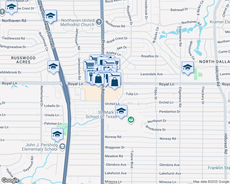 map of restaurants, bars, coffee shops, grocery stores, and more near 10720 Preston Road in Dallas