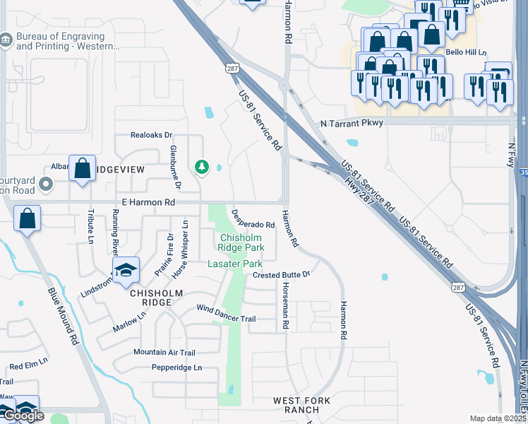 map of restaurants, bars, coffee shops, grocery stores, and more near 920 Harmon Road in Fort Worth