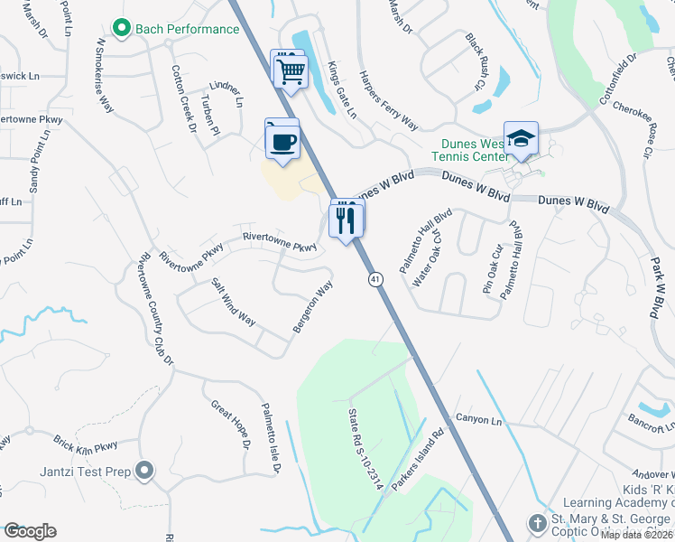 map of restaurants, bars, coffee shops, grocery stores, and more near 2411 Bergeron Way in Mount Pleasant
