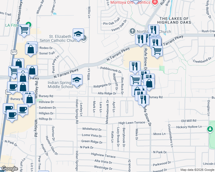 map of restaurants, bars, coffee shops, grocery stores, and more near 2131 Stoneridge Drive in Keller
