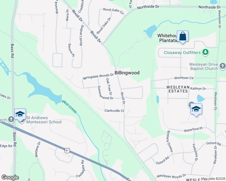 map of restaurants, bars, coffee shops, grocery stores, and more near 631 Summerwind Drive in Macon