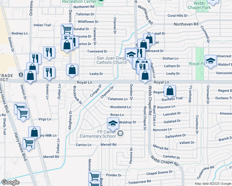 map of restaurants, bars, coffee shops, grocery stores, and more near 3155 Catamore Lane in Dallas