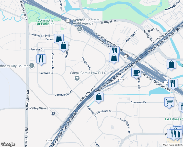 map of restaurants, bars, coffee shops, grocery stores, and more near 6431 Longhorn Drive in Irving