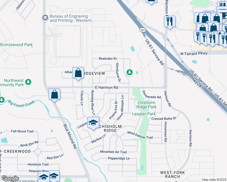 map of restaurants, bars, coffee shops, grocery stores, and more near 1320 Cattle Crossing Drive in Fort Worth