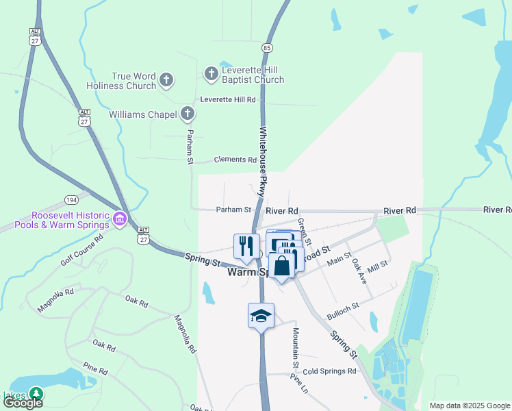 map of restaurants, bars, coffee shops, grocery stores, and more near 46 River Road in Warm Springs