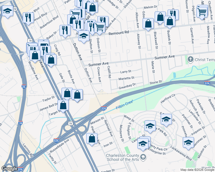 map of restaurants, bars, coffee shops, grocery stores, and more near 1656 Greenbay Drive in North Charleston