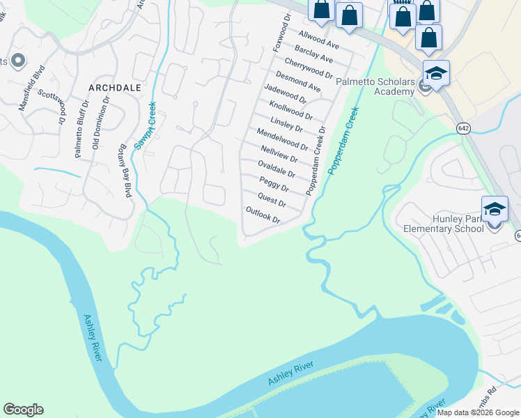 map of restaurants, bars, coffee shops, grocery stores, and more near 7733 Outlook Drive in North Charleston