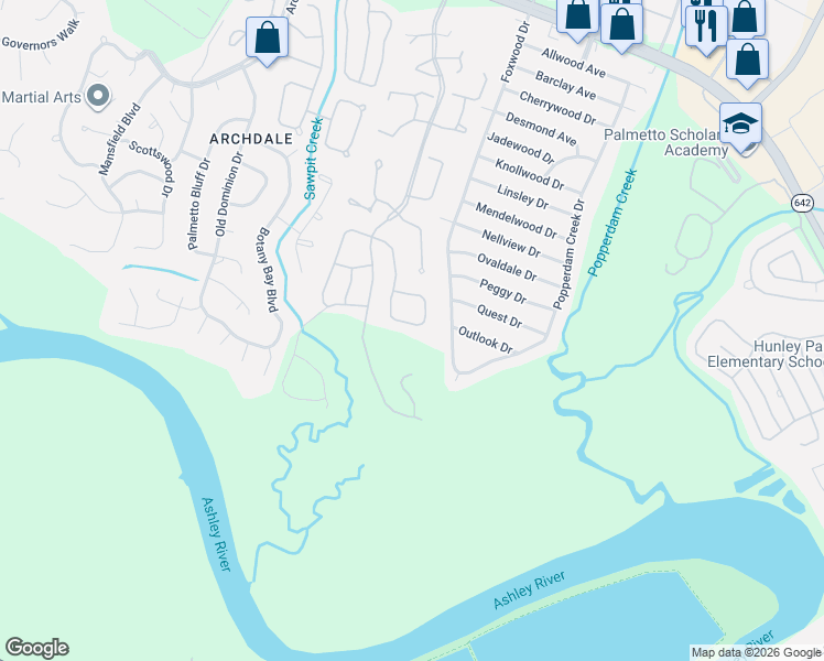 map of restaurants, bars, coffee shops, grocery stores, and more near 5026 Foxwood Drive in North Charleston