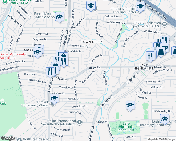 map of restaurants, bars, coffee shops, grocery stores, and more near 8415 Clover Meadow Drive in Dallas