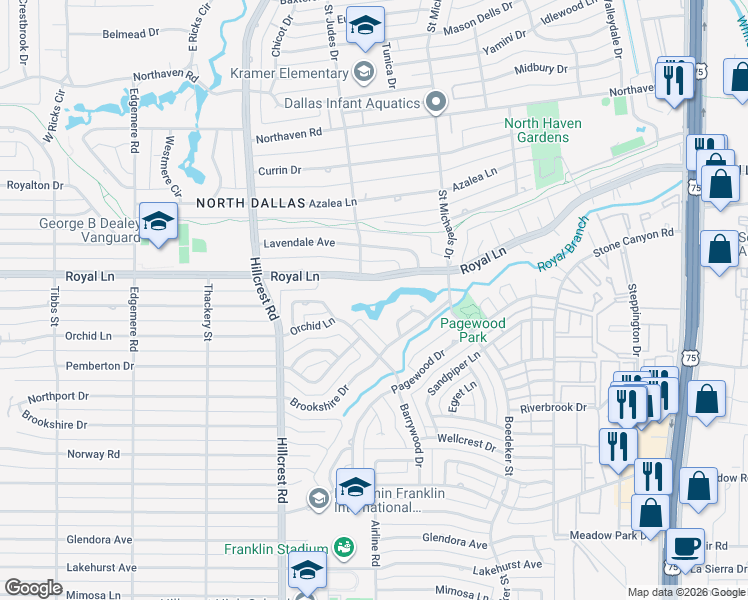 map of restaurants, bars, coffee shops, grocery stores, and more near 7027 Orchid Lane in Dallas
