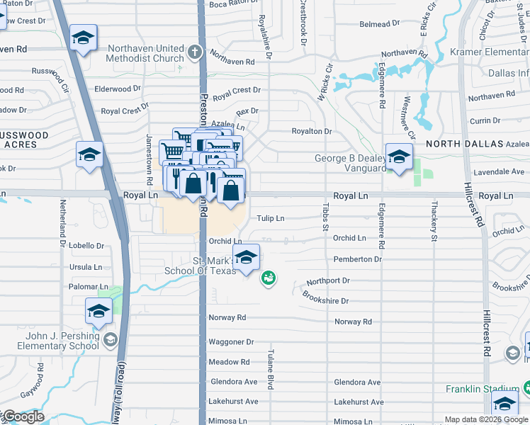 map of restaurants, bars, coffee shops, grocery stores, and more near 6206 Tulip Lane in Dallas