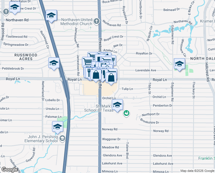 map of restaurants, bars, coffee shops, grocery stores, and more near 10720 Preston Road in Dallas