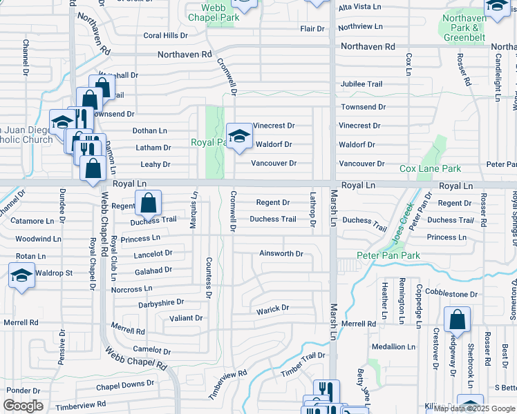 map of restaurants, bars, coffee shops, grocery stores, and more near 3527 Duchess Trail in Dallas
