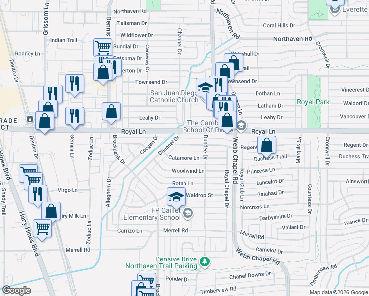 map of restaurants, bars, coffee shops, grocery stores, and more near 3155 Catamore Lane in Dallas