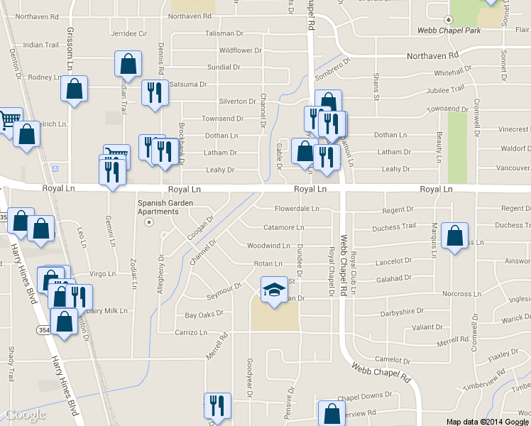 map of restaurants, bars, coffee shops, grocery stores, and more near 3155 Catamore Lane in Dallas