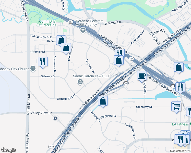 map of restaurants, bars, coffee shops, grocery stores, and more near in Irving