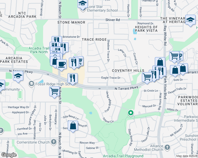 map of restaurants, bars, coffee shops, grocery stores, and more near 4759 Emerald Trace Way in Fort Worth