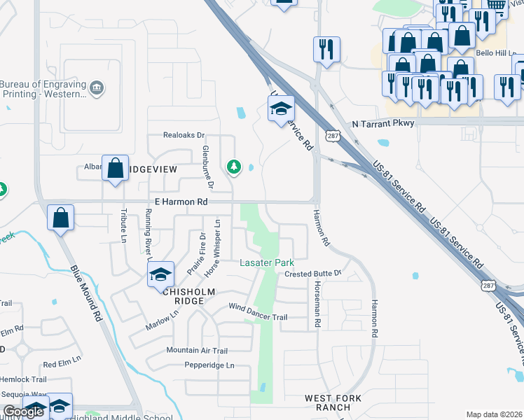 map of restaurants, bars, coffee shops, grocery stores, and more near 1612 Desperado Road in Fort Worth