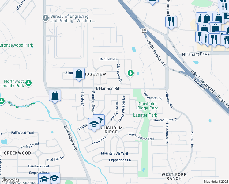 map of restaurants, bars, coffee shops, grocery stores, and more near 1320 Cattle Crossing Drive in Fort Worth