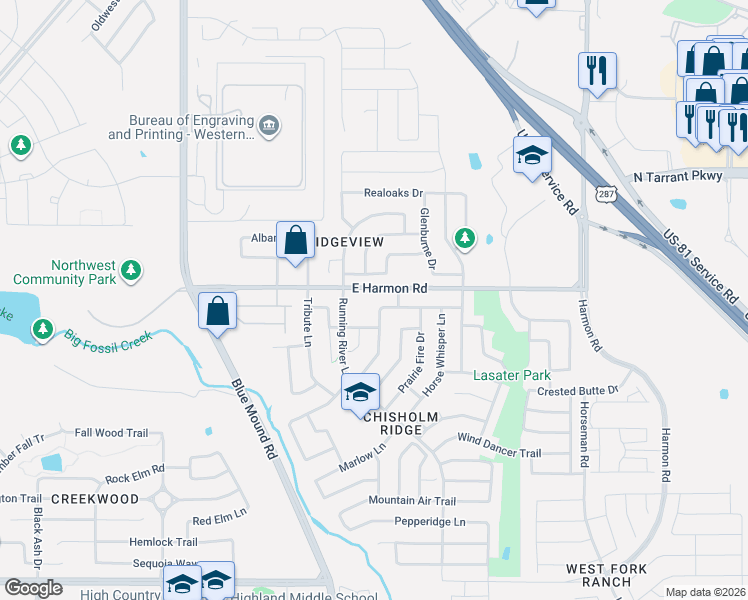 map of restaurants, bars, coffee shops, grocery stores, and more near 8537 Cactus Flower Drive in Fort Worth
