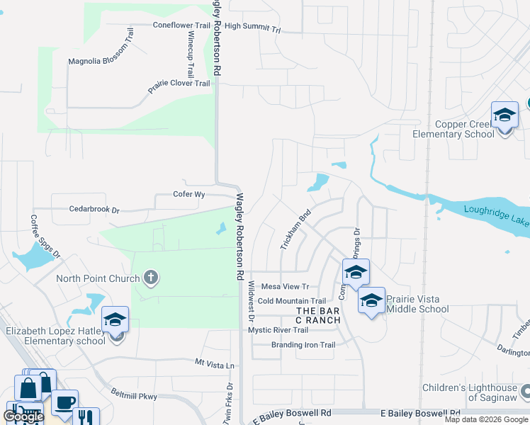 map of restaurants, bars, coffee shops, grocery stores, and more near 8124 Wagley Robertson Road in Fort Worth