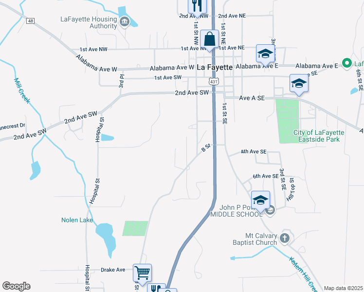 map of restaurants, bars, coffee shops, grocery stores, and more near 405 1st Place Southwest in La Fayette