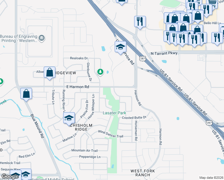 map of restaurants, bars, coffee shops, grocery stores, and more near 1612 Desperado Road in Fort Worth
