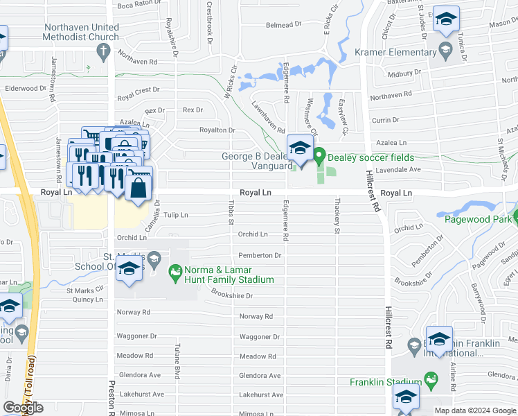 map of restaurants, bars, coffee shops, grocery stores, and more near 6441 Tulip Lane in Dallas