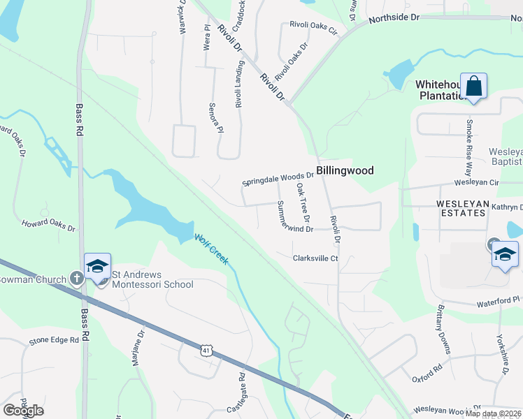 map of restaurants, bars, coffee shops, grocery stores, and more near 714 Summerwind Drive in Macon