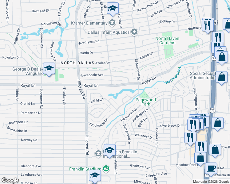 map of restaurants, bars, coffee shops, grocery stores, and more near 7027 Orchid Lane in Dallas