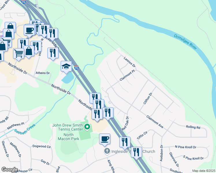 map of restaurants, bars, coffee shops, grocery stores, and more near 3198 Clairmont Avenue in Macon