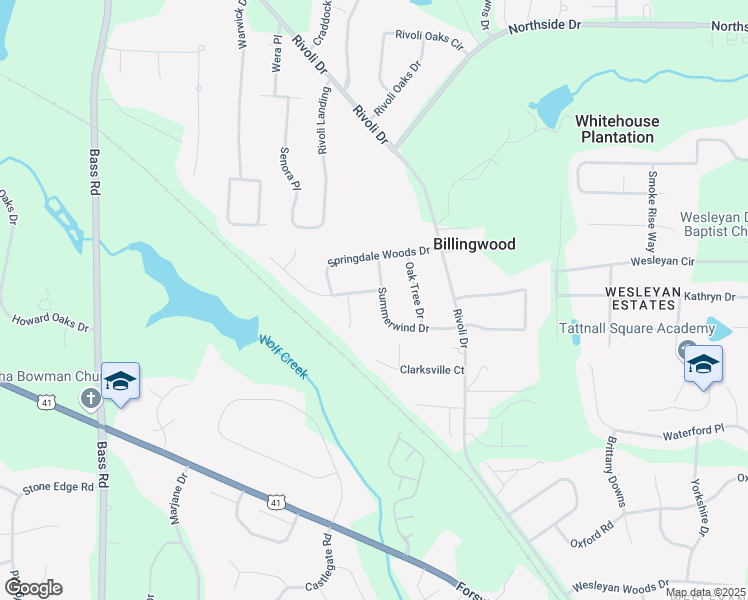 map of restaurants, bars, coffee shops, grocery stores, and more near 718 Summerwind Drive in Macon