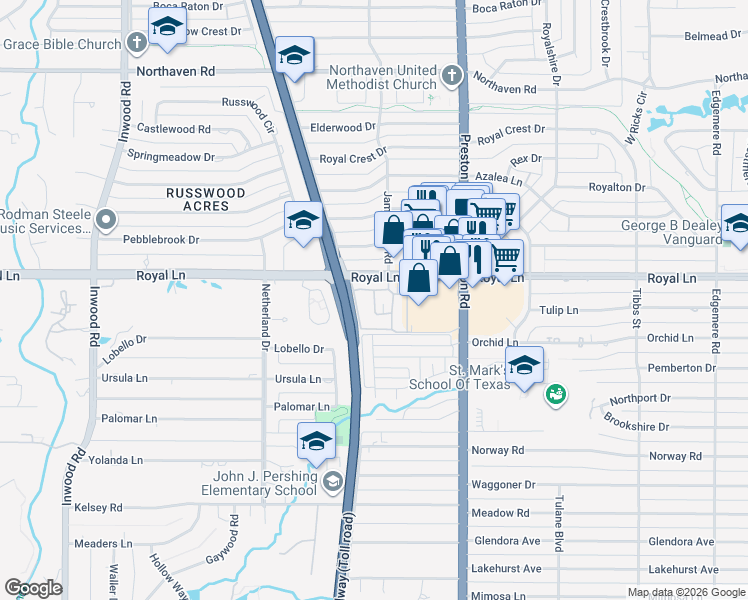 map of restaurants, bars, coffee shops, grocery stores, and more near 10764 Villager Road in Dallas