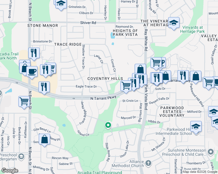 map of restaurants, bars, coffee shops, grocery stores, and more near 4881 Eagle Trace Drive in Fort Worth