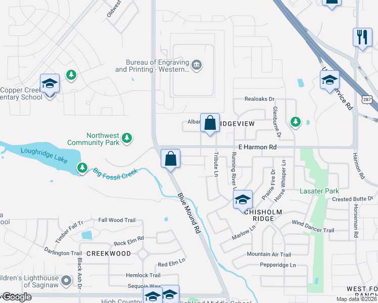 map of restaurants, bars, coffee shops, grocery stores, and more near 1000 East Harmon Road in Fort Worth