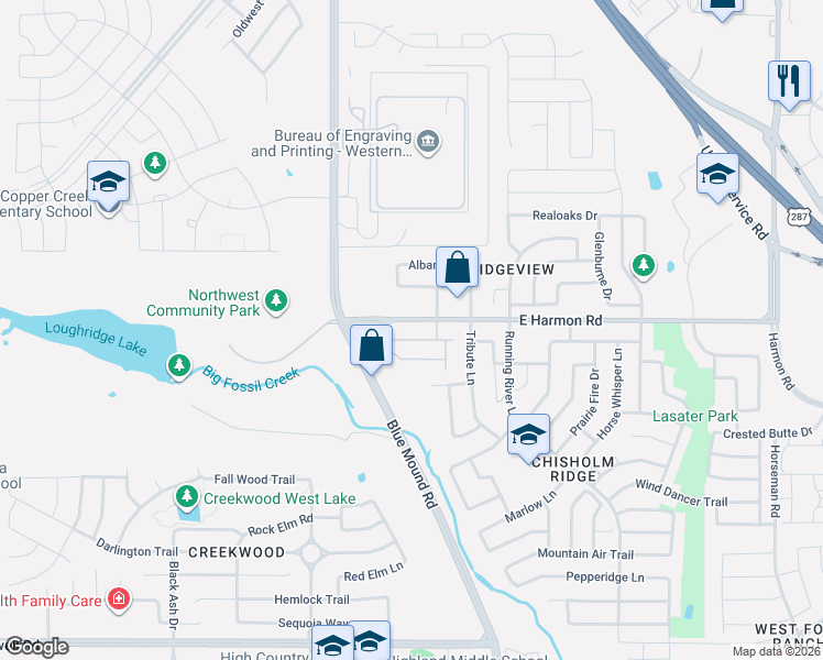 map of restaurants, bars, coffee shops, grocery stores, and more near 1000 East Harmon Road in Fort Worth