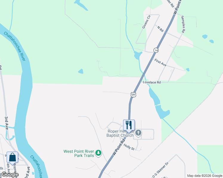 map of restaurants, bars, coffee shops, grocery stores, and more near 308 Neal Street in West Point
