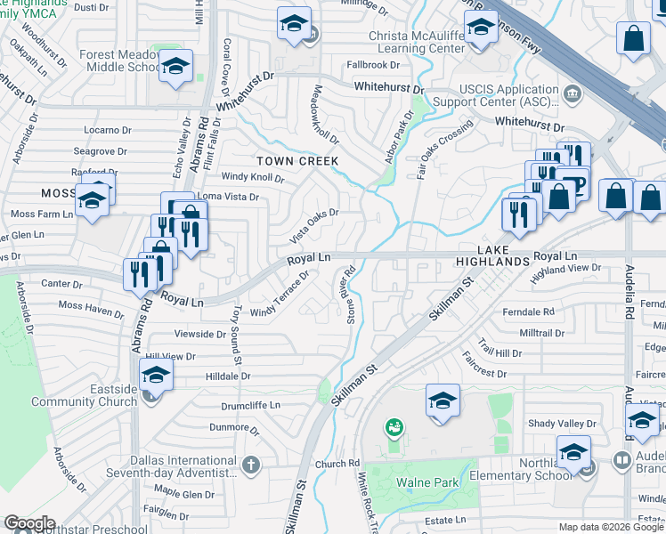 map of restaurants, bars, coffee shops, grocery stores, and more near 8408 Old Moss Road in Dallas