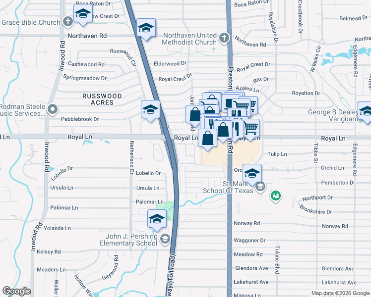 map of restaurants, bars, coffee shops, grocery stores, and more near 10764 Villager Road in Dallas