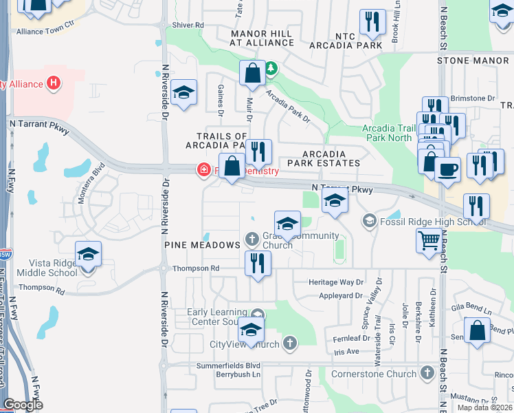 map of restaurants, bars, coffee shops, grocery stores, and more near 3789 Thompson Road in Fort Worth