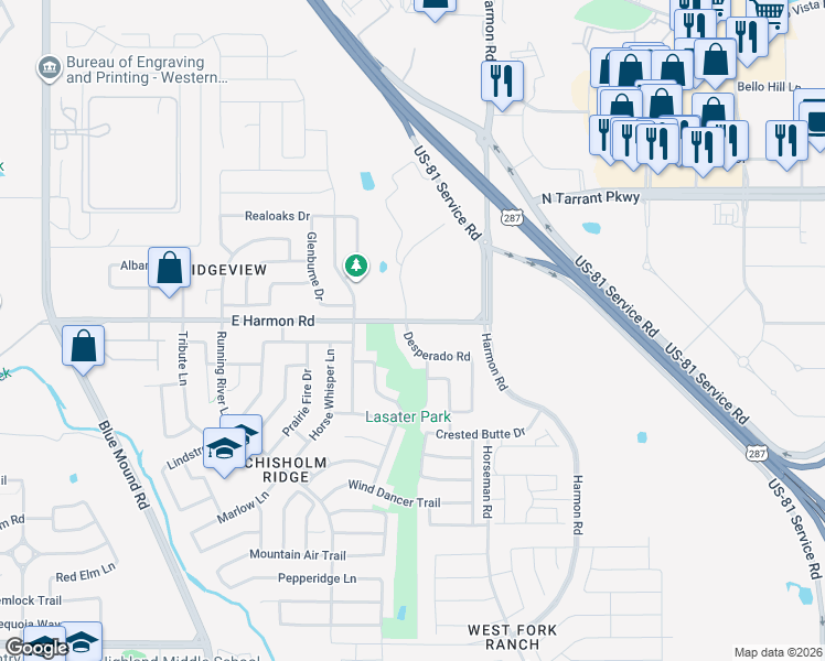 map of restaurants, bars, coffee shops, grocery stores, and more near 1612 Desperado Road in Fort Worth