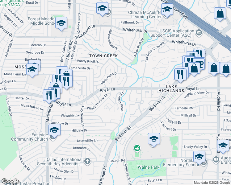 map of restaurants, bars, coffee shops, grocery stores, and more near 8408 Old Moss Road in Dallas