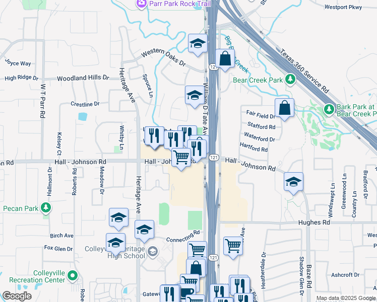 map of restaurants, bars, coffee shops, grocery stores, and more near 2140 Hall - Johnson Road in Grapevine