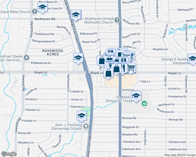 map of restaurants, bars, coffee shops, grocery stores, and more near 10741 Villager Road in Dallas