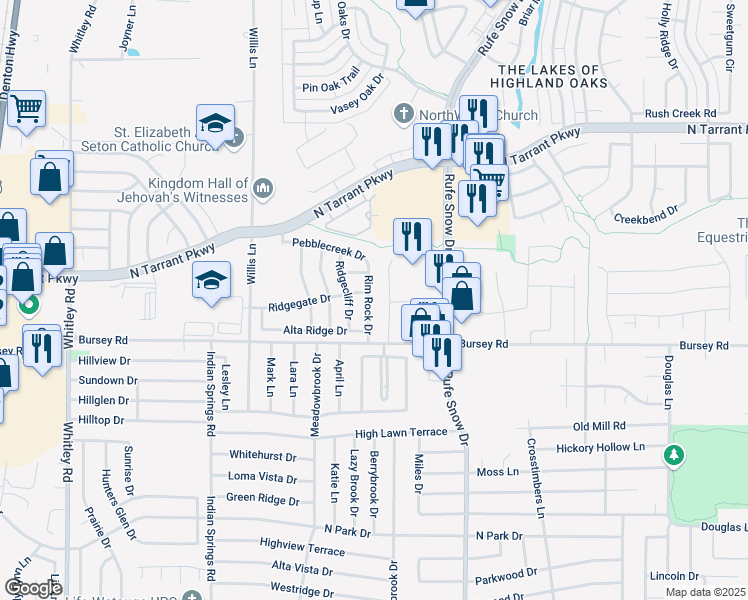 map of restaurants, bars, coffee shops, grocery stores, and more near 2123 Rim Rock Drive in Keller