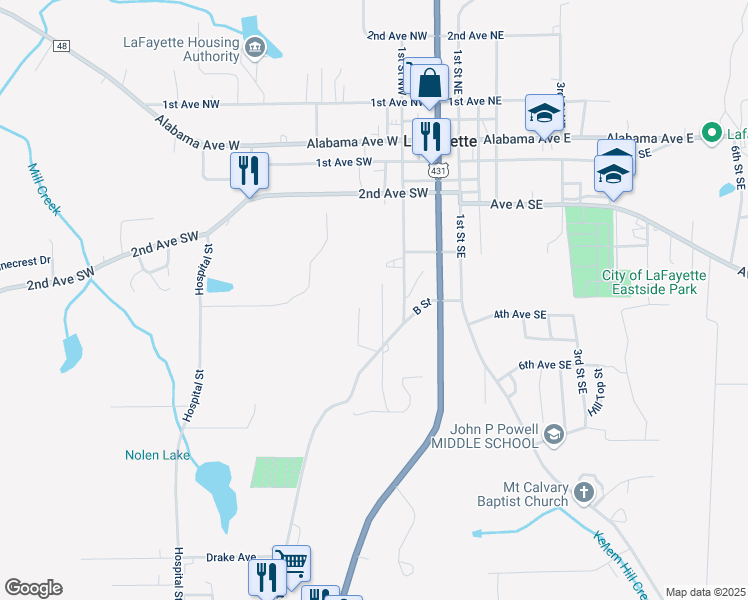 map of restaurants, bars, coffee shops, grocery stores, and more near 405 1st Place Southwest in La Fayette