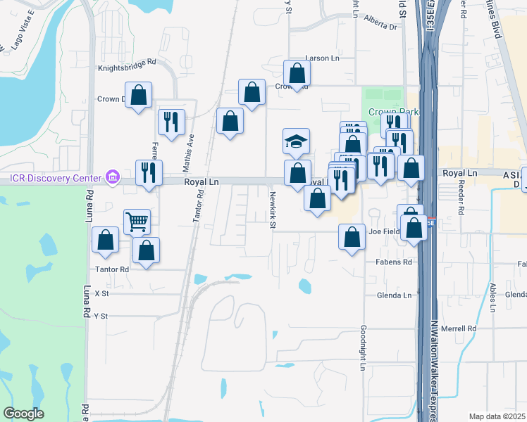 map of restaurants, bars, coffee shops, grocery stores, and more near 11341 Newkirk Street in Dallas