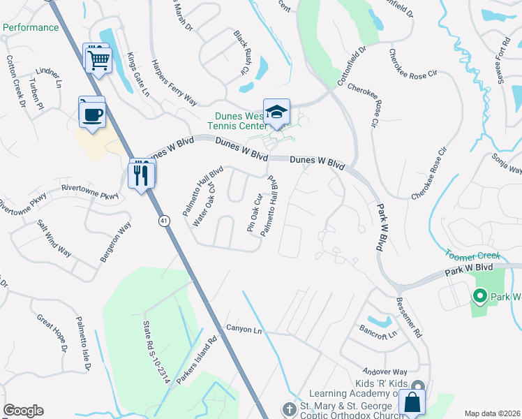map of restaurants, bars, coffee shops, grocery stores, and more near 1625 Pin Oak Cut in Mount Pleasant