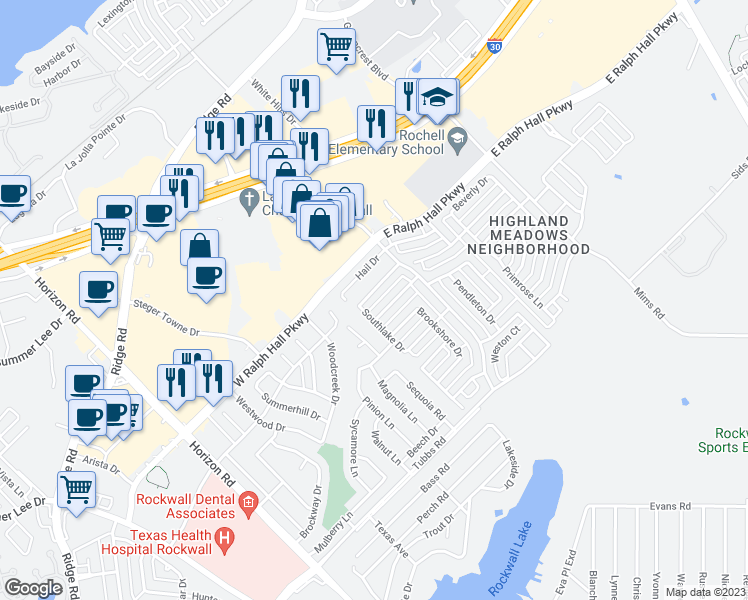 map of restaurants, bars, coffee shops, grocery stores, and more near 142 Southwood Drive in Rockwall