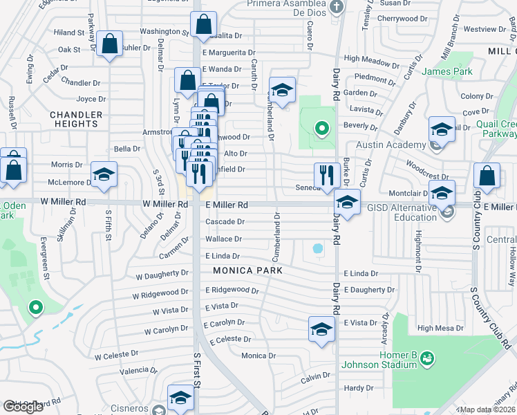 map of restaurants, bars, coffee shops, grocery stores, and more near 404 Cascade Drive in Garland
